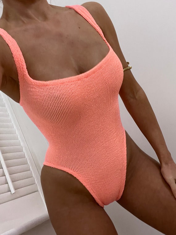Peach Square Neck One Piece Swimsuit / Bodysuit in Crinkle Stretch