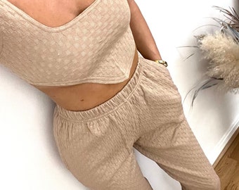 Two Piece Set Corset Top & Joggers in Beige Waffle Textured Terry Fabric / Loungewear