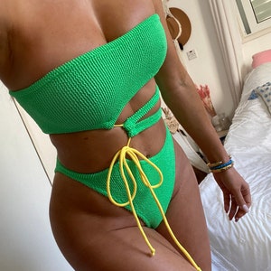 Strapless Swimsuit Onepiece with Cut Outs & Contrast Tie in Apple Green and Yellow Crinkle / High Cut Hip 80&#39;s 90&#39;s Style