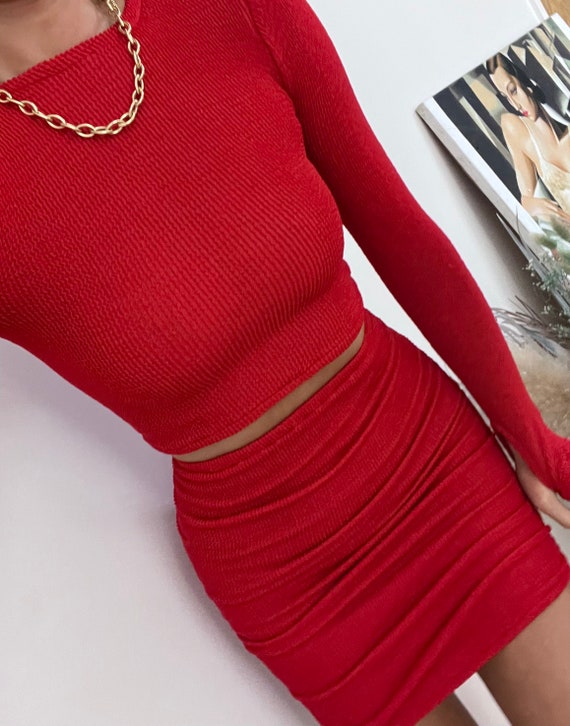 red mini bodycon dress Red Double Ruched Long Sleeve Bodycon Dress – AX Paris