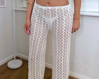 Chevron Lace Wide Leg Trousers, Silver & White