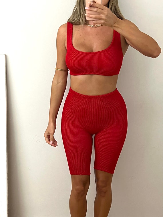 Mini Crop Top Cycling Shorts in Red Crinkle Co ord Set Ultra