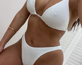 Skinny Tie Triangle Bikini OR 3 Piece Skirt Set in White Crinkle Stretch / High Cut 80’s Style