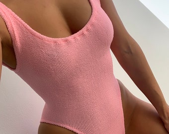 Bubblegum Pink One Piece Swimsuit / Bodysuit in Crinkle Stretch / Classic 80's High Cut / Ultra Body Hugging