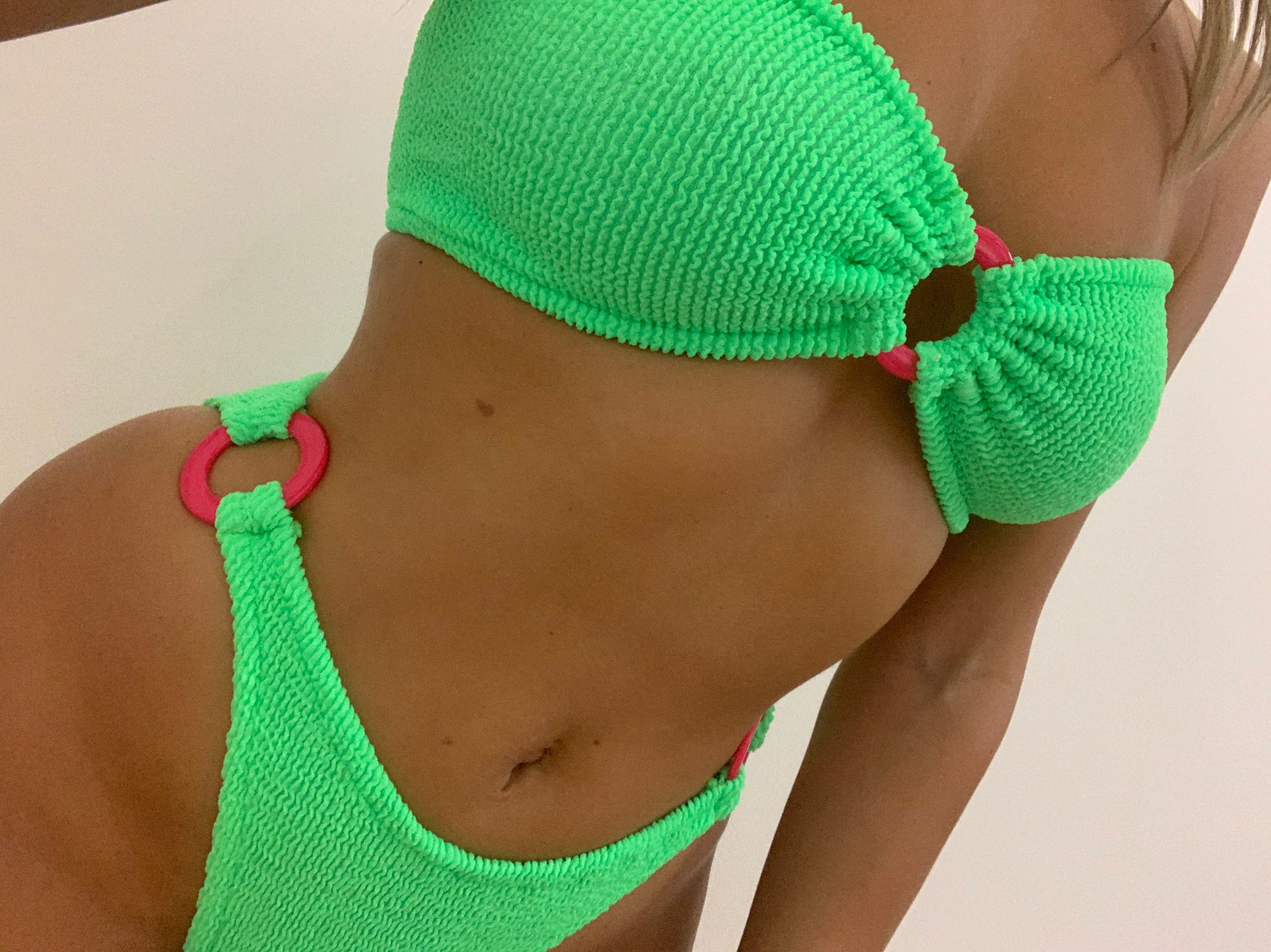Triple Ring Bandeau Bikini in Apple Green & Pink / Super Etsy