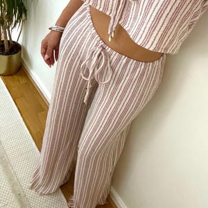 Striped Knit Wide Leg Trousers with Shell Ties, Beach Summer Boho