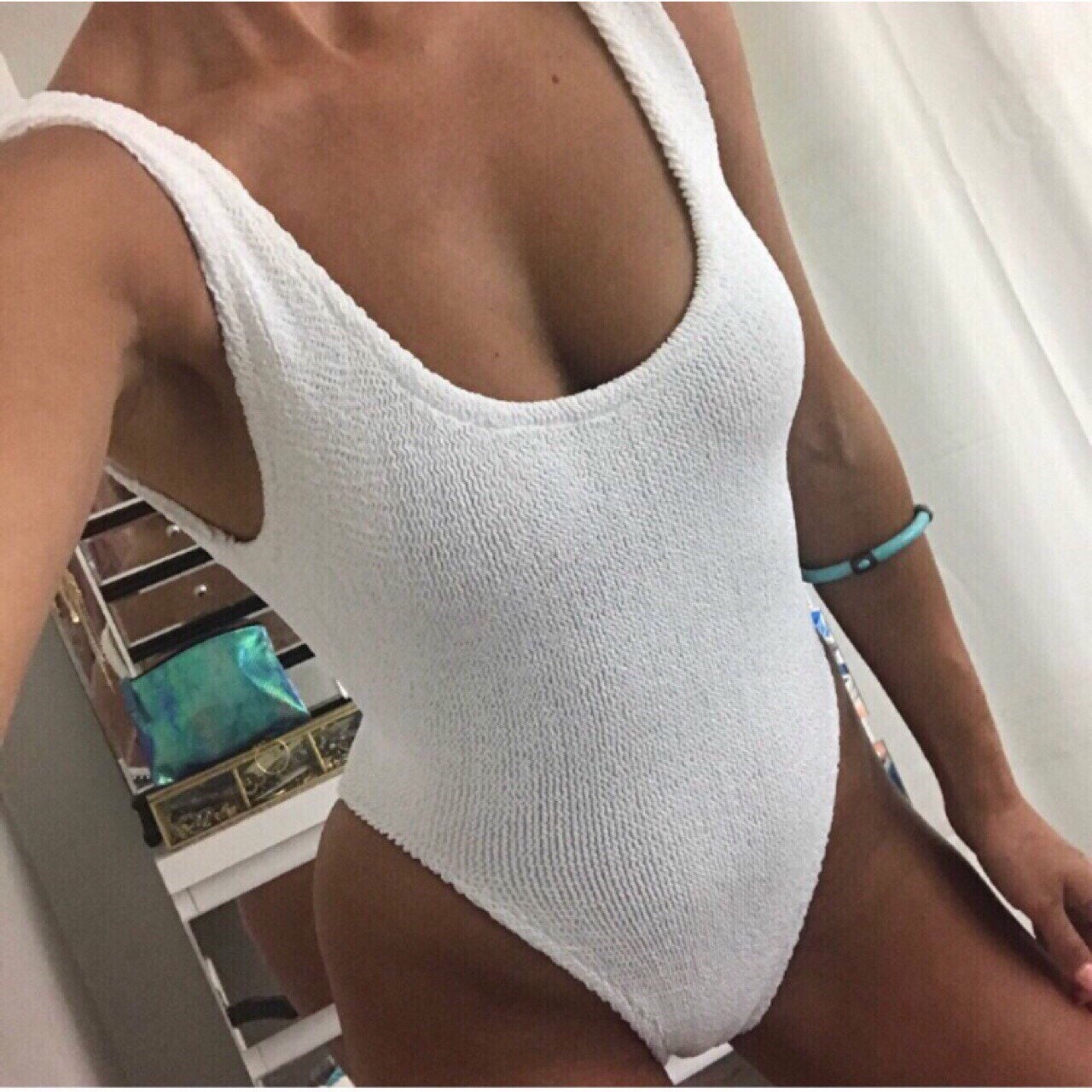 White One Piece Swimsuit / Bodysuit in Crinkle Stretch / Classic 80's