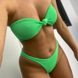 Äppelgrön Crinkle Stretchknut Bandeau Bikini / 80-tals Hög Cut - Valfri Trosa S/M