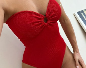 Red Crinkle Classic One Piece Swimsuit Bodysuit by Boho Rose / High Cut  80's 90's Style -  Canada