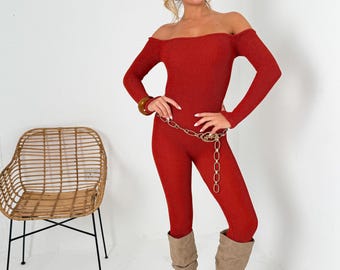 Off Shoulder Skinny Jumpsuit in Terracotta Crinkle Sz S-M Party Season!