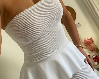 Strapless Bandeau Peplum Top in White Crinkle / Ultra Body Con Smoothing fit / Sz S-M Handmade By Boho Rose