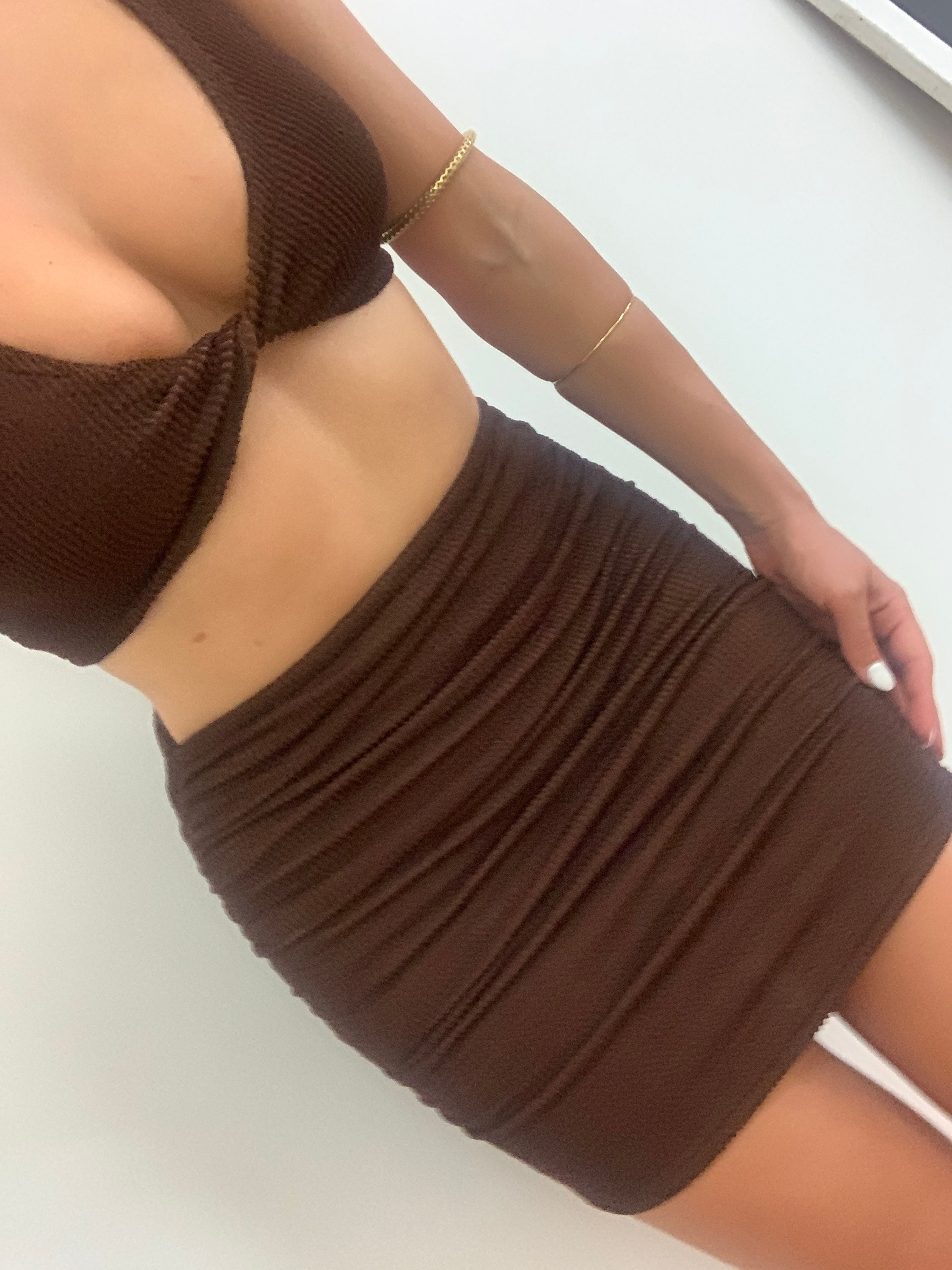Ruched Mini Skirt in Chocolate Brown Crinkle / Super Stretch