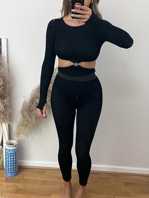 Two Piece Co-ord in Black Crinkle / Long Sleeved Cut Out Top