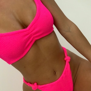 Got me in Knots Crop Top Bikini in Neon Pink Crinkle / 90&#39;s 80&#39;s High Cut
