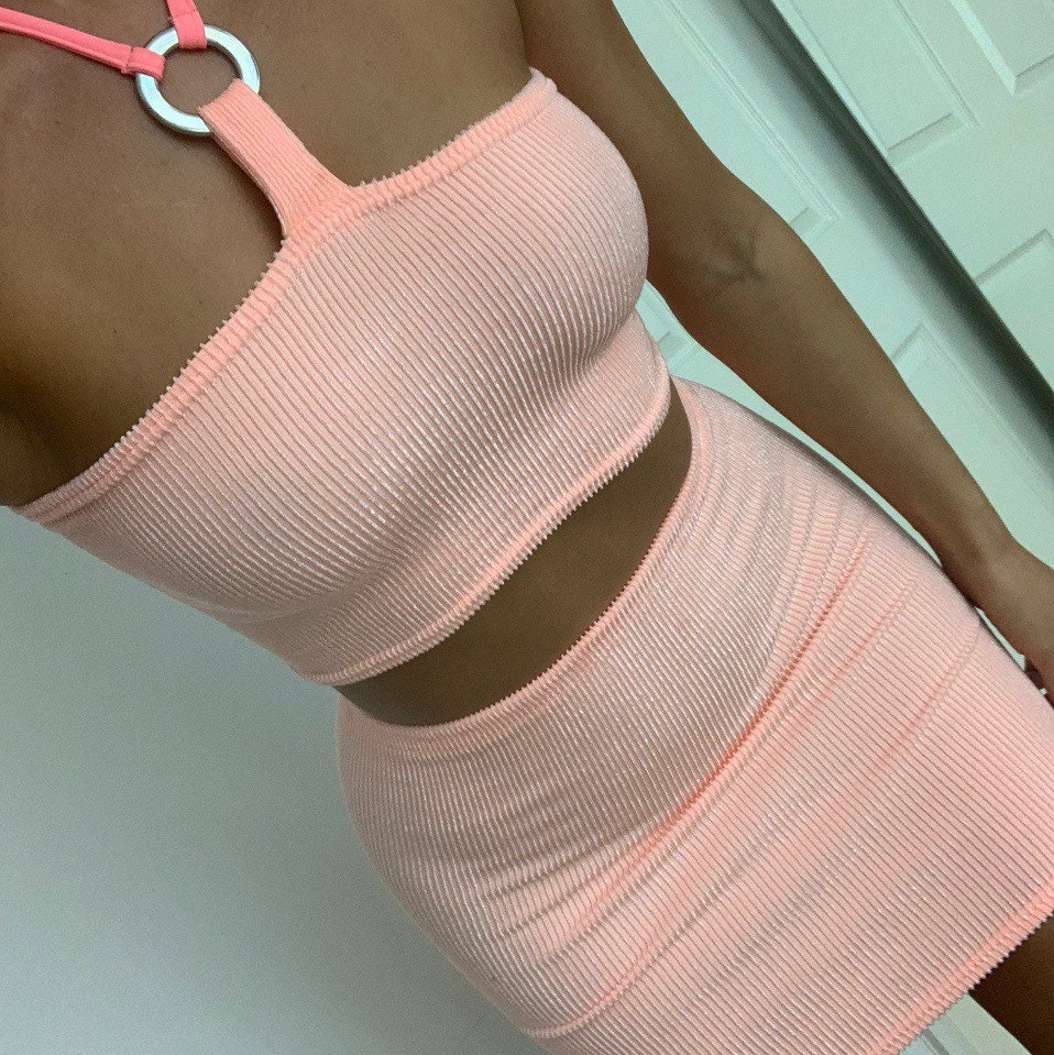 Image of Co-Ord Two Piece Set Ring Halter Crop Top & Shorts Or Skirt in Pastel Peach Velour Crinkle/Ultra Body Con Super Stretchy