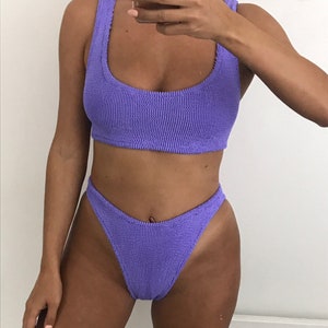 Boho Rose Mini Crop Bikini in Flieder Crinkle Stretch / 80's High Cut Bild 2