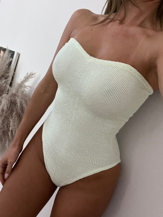 Strapless Bustier Onepiece Swimsuit OR Bodysuit in Cream Crinkle -   Israel