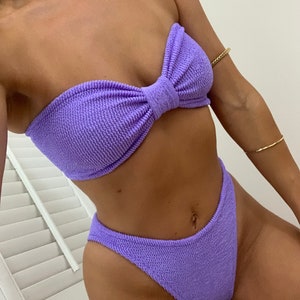 Lilac Crinkle Stretch Bow Bandeau ‘Sweetie’ Bikini / 80's High Cut - Choice of Brief S/M