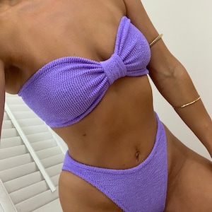 Lilac Crinkle Stretch Bow Bandeau ‘Sweetie’ Bikini / 80&#39;s High Cut - Choice of Brief S/M