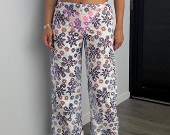 Organza Sheer Daisy Wide Leg Slouchy Trousers / Beachwear & Summer / White and Pastels