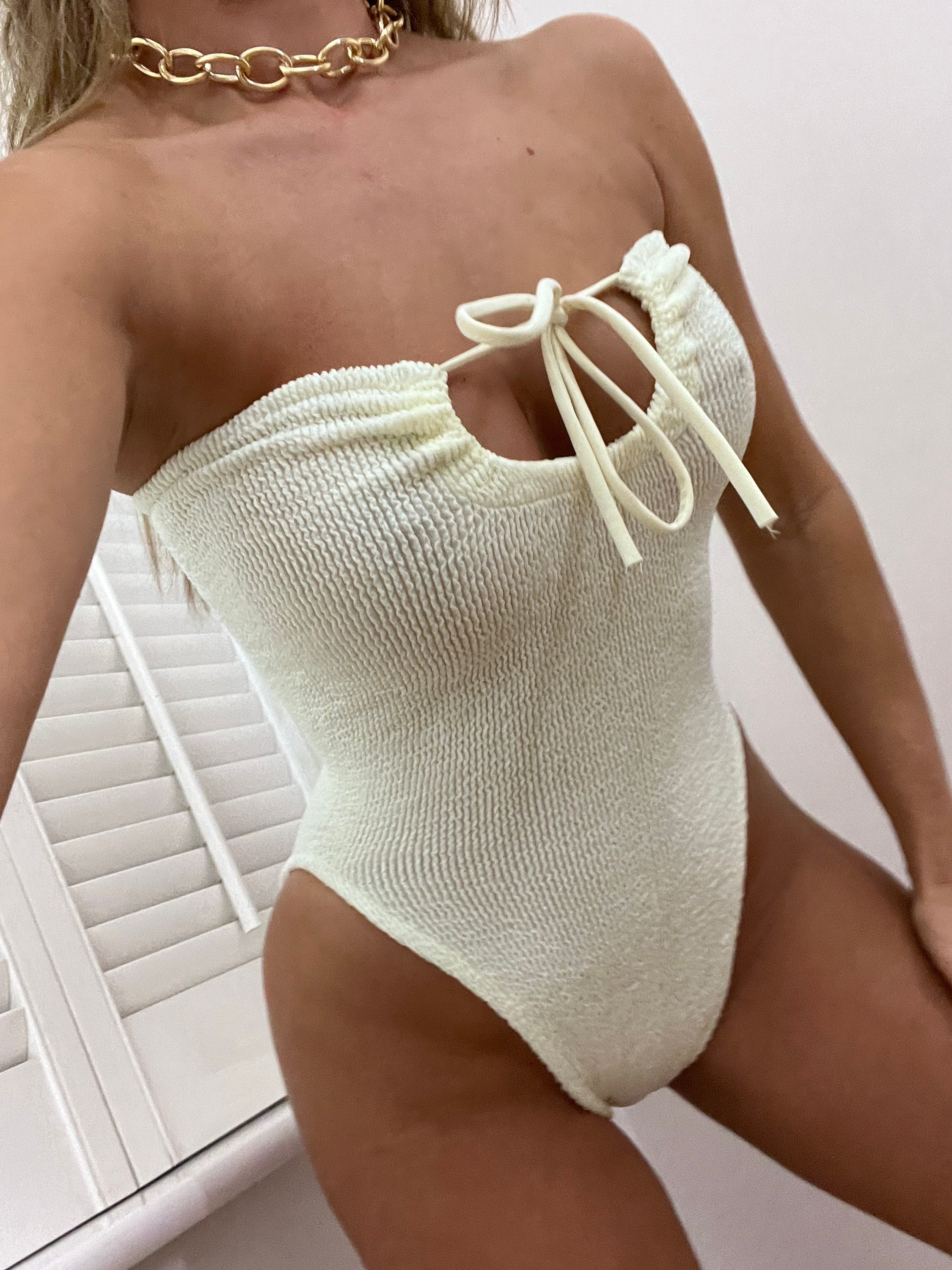 Cream Cut Out Drawstring One Piece Swimsuit Bodysuit in Crinkle