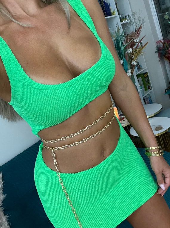 Curved Chain Waist Crop Top & Chain Waist Micro Mini Skirt in Apple Green  Crinkle 