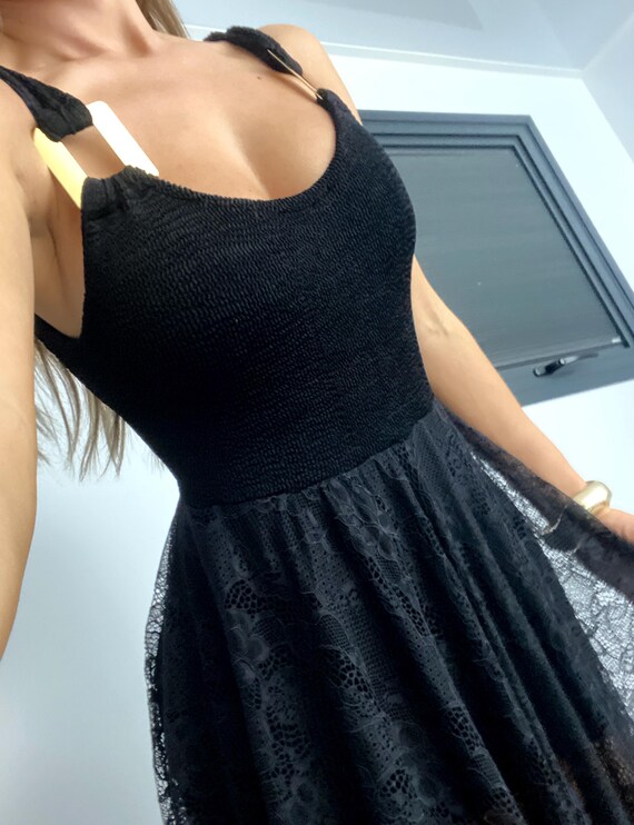 Black Dress Asymmetric Lace Overlay & Gold Buckle Straps Sz S-M - Etsy  Israel