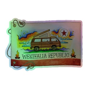May include: Holographic sticker featuring a brown camper van with an open top, set against a watercolor sky with a red star. The text "WESTFALIA REPUBLIC" is displayed below the van, with campfires on each side.