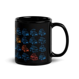 May include: Black ceramic mug featuring a colorful illustration of various camper vans. The vans are outlined in blue, orange, and yellow, creating a vibrant design. The mug has a large handle for easy gripping and is perfect for enjoying your favorite beverage.