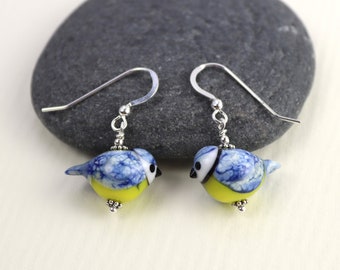 Vintage Earrings 30s Harlequin Glass Beads Bird Earrings Origami Earrings