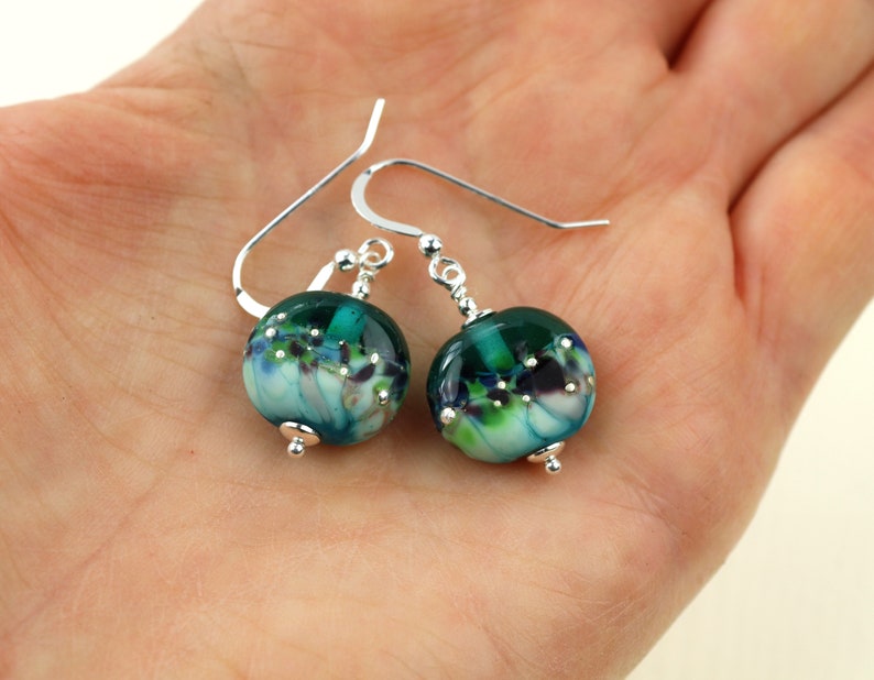 Teal Green /& Turquoise Lampwork Glass Bead Earrings Handmade in Sweden by Marianne Degener Sterling Silver SRA