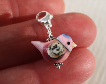 Lampwork Bird Charm: Pink Glass Bead, Sterling Silver Clasp, Handmade in Sweden