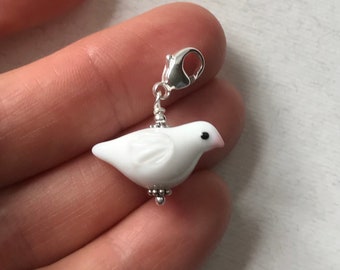 Lampwork Glass Dove Charm: Sterling Silver Clip, Handmade in Sweden