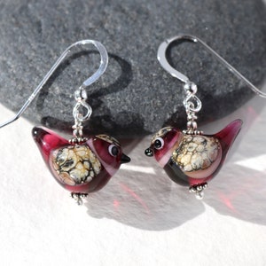 Cute Ruby Red Glass Bird Earrings, Sterling Silver, SRA, Lampwork Beads, Dangle Earrings, Handmade in Sweden by Marianne Degener