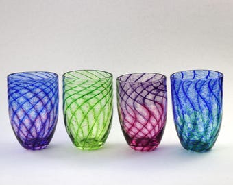 Hand Blown Glass Tumblers: Colorful Twisted Design, Set of 4