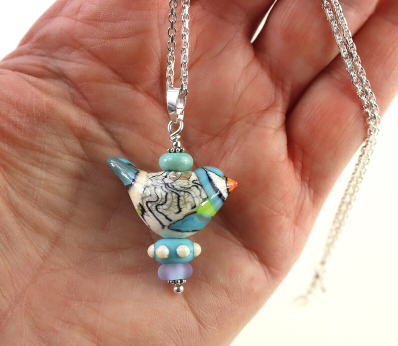 SRA Beautiful LARGE Swedish Woodland Fantasy Songbird Glass necklace One of a kind Handmade lampwork by Marianne Degener