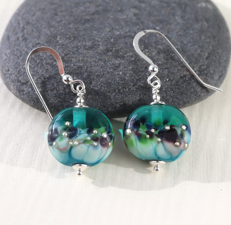 Teal Green /& Turquoise Lampwork Glass Bead Earrings Handmade in Sweden by Marianne Degener Sterling Silver SRA