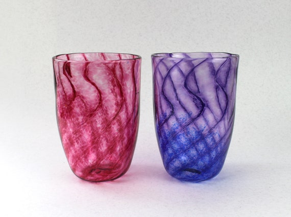 Hand Blown Glass Tumblers: Pink & Blue/Purple Swirl, Set of 2