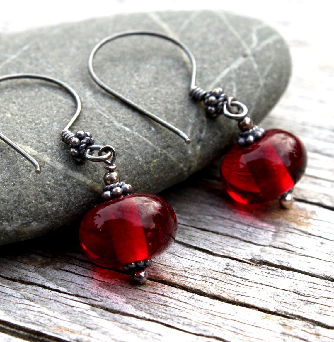 Deep Red Dangle Glass Earrings Oxidized Sterling Silver | Etsy