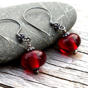 Deep Red Dangle Glass Earrings Oxidized Sterling Silver - Etsy