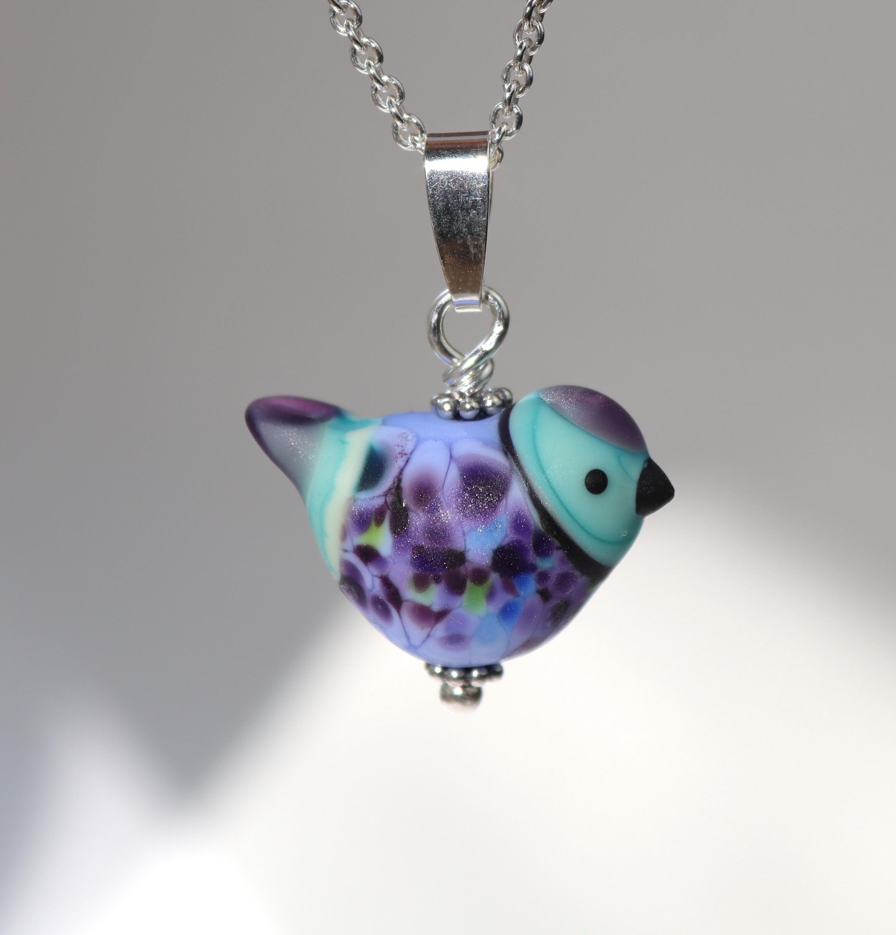 Collier De Perles De Verre Multicolore Avec Pendentif Oiseau - Vintage, Fait Main, 22 Pouces