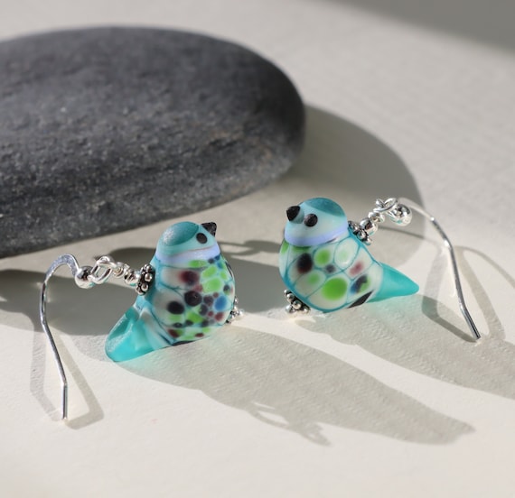 Cute Teal Green Turquoise Glass Bird Earrings Sterling Silver