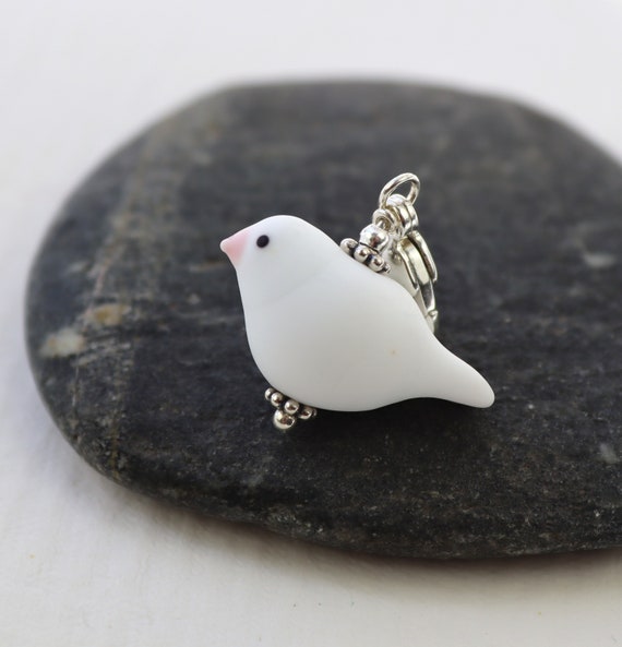 Lampwork Glass Dove Charm: Matte White Bird, Sterling Silver Clasp