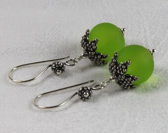 Dangle Lime Green Velvet Glass & Sterling Silver Earrings, Lampwork Jewellery, Handmade in Sweden