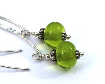 Dangling Lime Green Glass & Sterling Silver Earrings, Lampwork, Jewelry, Glass, Handmade in Sweden