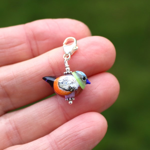 Multi Colour Sweet Lampwork Bird Bead Charm, Sterling Silver Lobster Clip on Clasp, Cute Glass Bird Charm, Handmade in Sweden