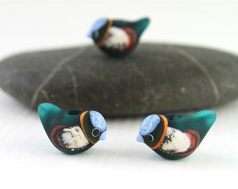 Small Birdies, Pair of Glass Bird Beads, Lampwork, SRA, Frosted Glass, Jewelry Supplies, Handmade in Sweden by Marianne Degener