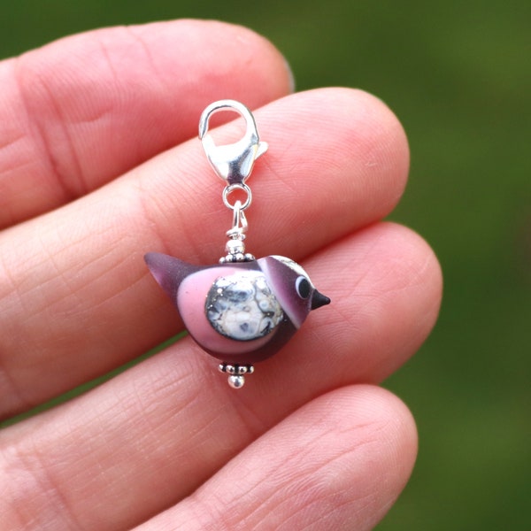 Sweet Pink Lampwork Glass Bird Charm, Sterling Silver Lobster Clip on Clasp, Cute Frosted Glass Bird Charm, Handmade in Sweden