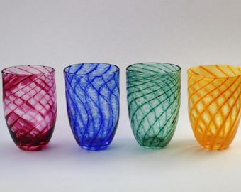 Hand Blown Glass Tumblers: Colorful Swirl Design, Set of 4