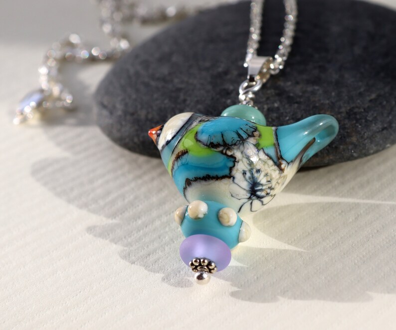 SRA Beautiful LARGE Swedish Woodland Fantasy Songbird Glass necklace One of a kind Handmade lampwork by Marianne Degener